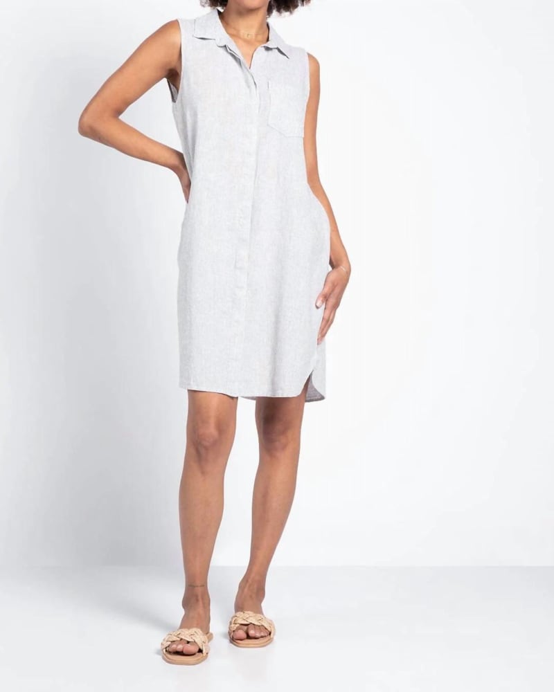 Front of a model wearing a size Large Reef Point Stripe Button Front Dress In White Olive in White Olive by Thread & Supply. | dia_product_style_image_id:342223